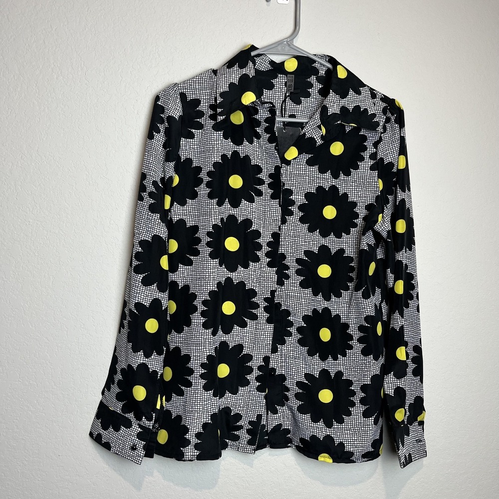 ZAB Button Up Shirt Womens M Black Yellow Daisy Floral Long Sleeve Collared Top